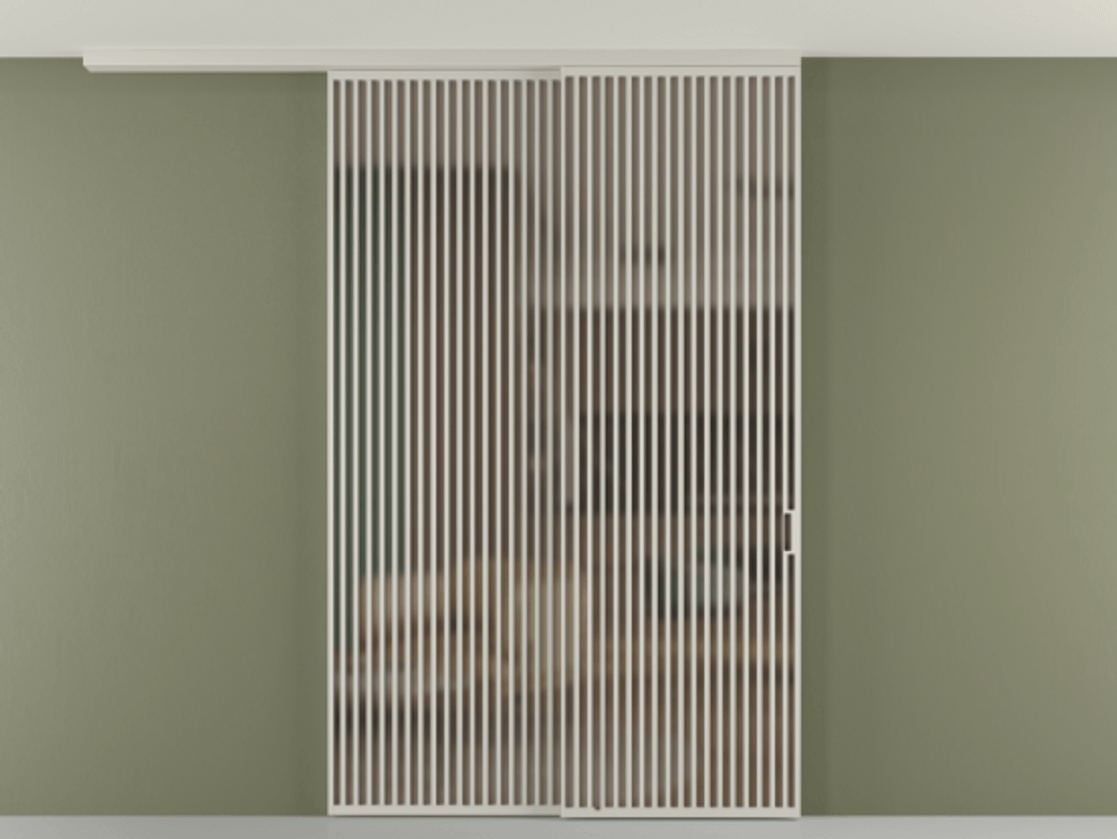 Перегородка Формато вдоль стены на потолок 2 створки с синхронным механизмом АЛПР 040.06 Алюминий тёплый серый Сатинированное бронзовое стекло, триплекс Цена 526620 ₽ | Volhovec