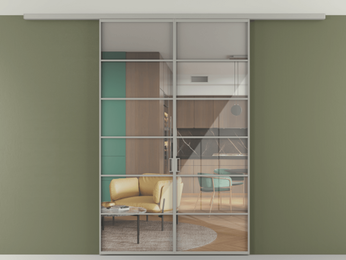 Перегородка Формато вдоль стены на потолок 2 створки АЛПР 040.04 Алюминий нейтральный серый Рефлективное прозрачное стекло "Стопсол", калёное Цена 221404 ₽ | Volhovec