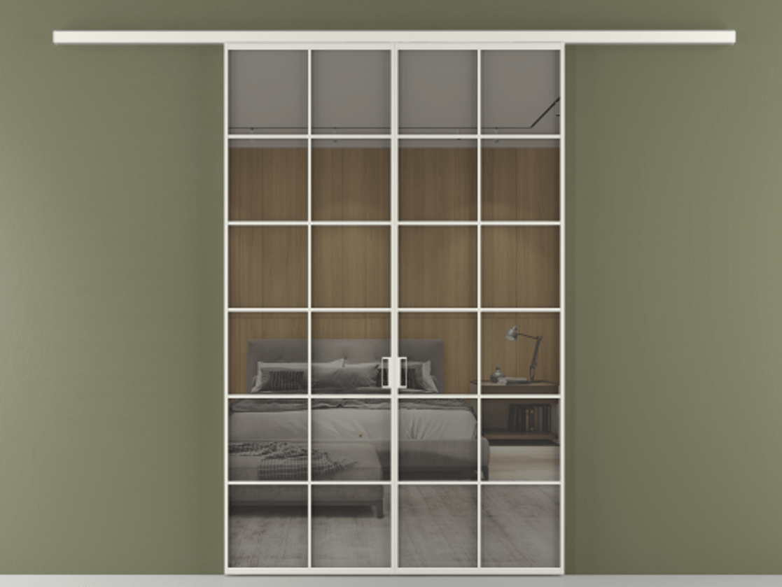 Перегородка Formato вдоль стены 2 створки АЛПР 040.05 Алюминий серый Рефлективное серое стекло "Stopsol", калёное Цена 264600 ₽ | Volhovec