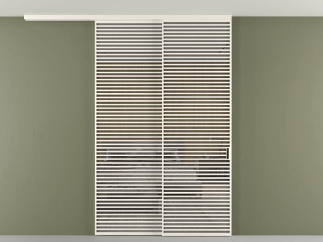 Перегородка Формато вдоль стены на потолок 2 створки с синхронным механизмом АЛПР 040.07 Алюминий пудровый белый Рефлективное серое стекло "Стопсол", калёное Цена 542620 ₽ | Volhovec