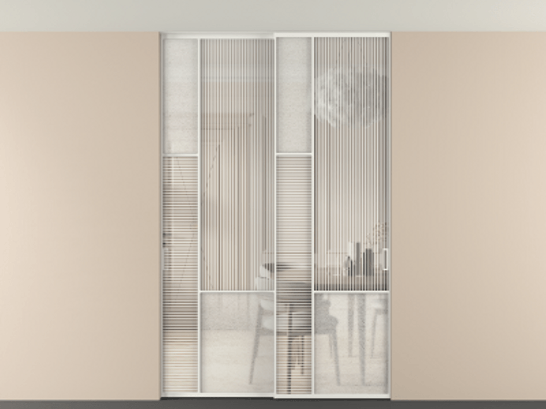 Перегородка Мозаик внутри проёма скрытое крепление в потолок 2 створки АЛПР 041.13 Алюминий светло-серый Рифлёное стекло "Дюна", триплекс, 6 мм + Фактурное стекло "Лёд", триплекс Цена 340580 ₽ | Volhovec