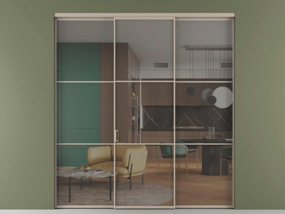 Перегородка Формато внутри проёма 3 створки АЛПР 040.03 Алюминий бисквитный Прозрачное серое стекло, триплекс Цена 237275 ₽ | Volhovec