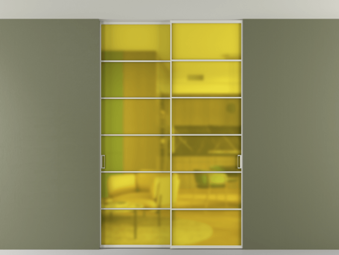 Перегородка Formato внутри проёма скрытое крепление в потолок 2 створки АЛПР 040.04 Алюминий тёплый серый Сатинированное жёлтое стекло, триплекс Цена 261085 ₽ | Volhovec