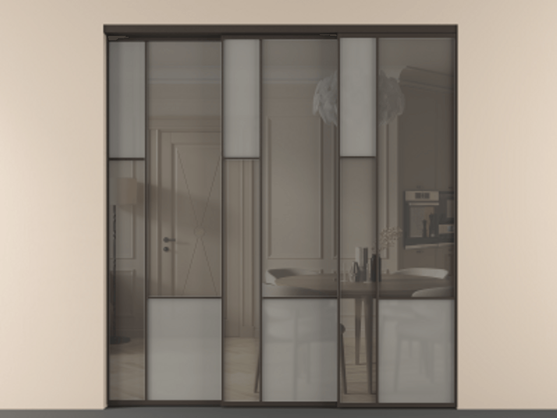 Перегородка Мозаик внутри проёма 3 створки с синхронным механизмом АЛПР 041.13 Алюминий антрацит Сатинированное серое стекло, триплекс, 6 мм + Прозрачное серое стекло, триплекс Цена 437390 ₽ | Volhovec