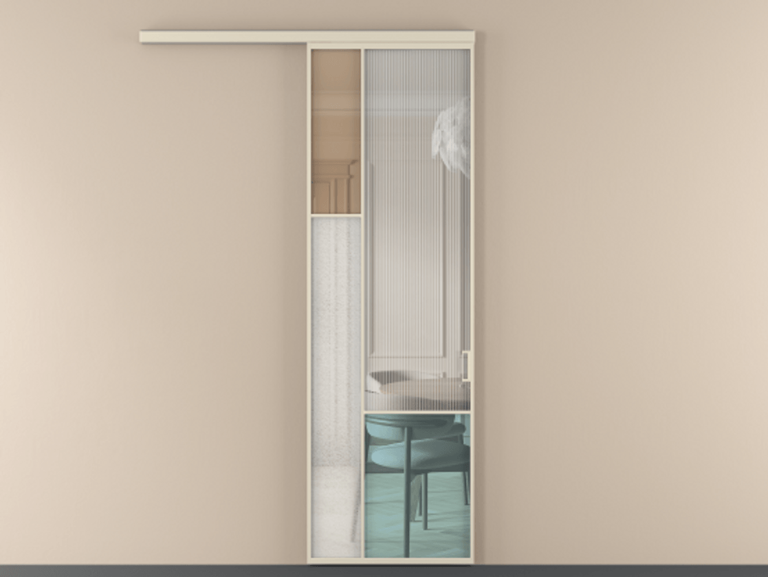 Перегородка Mosaic вдоль стены одностворчатая АЛПР 041.13 Алюминий бежево-серый Комбинация стекол Группы 1 и Группы 3 Цена 143030 ₽ | Volhovec