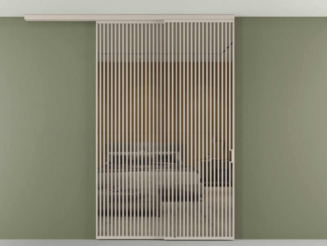 Перегородка Формато вдоль стены на потолок 2 створки с синхронным механизмом АЛПР 040.06 Алюминий светло-бежевый Рефлективное бронзовое стекло "Стопсол", калёное Цена 463256 ₽ | Volhovec