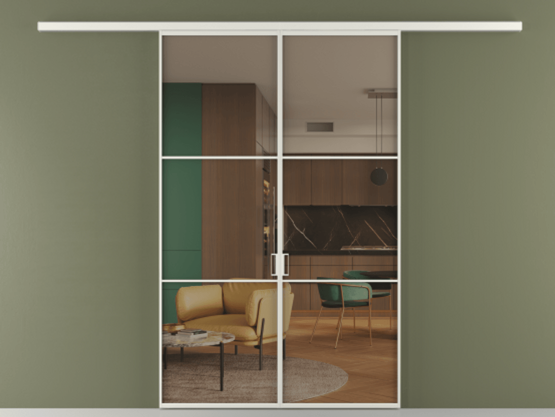 Перегородка Формато вдоль стены 2 створки АЛПР 040.03 Алюминий серый Прозрачное бронзовое стекло, триплекс Цена 195450 ₽ | Volhovec