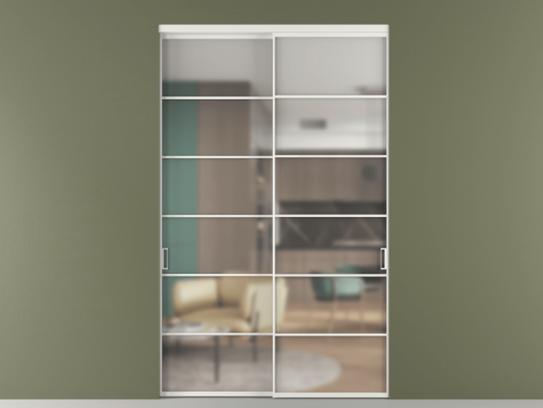 Перегородка Формато внутри проёма 2 створки АЛПР 040.04 Алюминий светло-серый Сатинированное стекло "Мателюкс Кристал Вижн", калёное, матовое, каленое 6 мм Цена 493900 ₽  | Volhovec