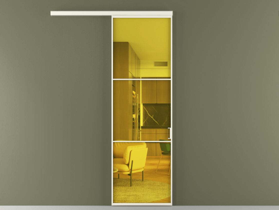 Перегородка Формато вдоль стены 1 створка АЛПР 040.03 Алюминий жемчужный Прозрачное жёлтое стекло, триплекс Цена 106080 ₽  | Volhovec