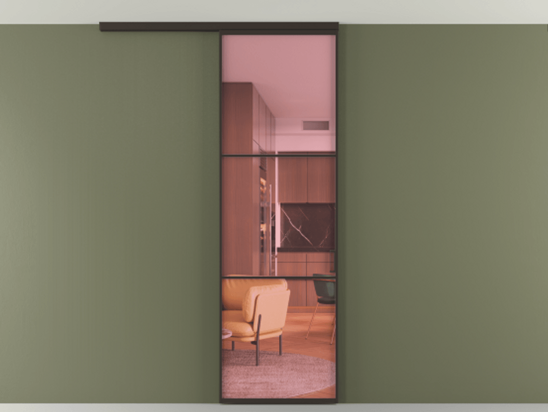 Перегородка Formato вдоль стены на потолок 1 створка АЛПР 040.03 Алюминий антрацит Прозрачное розовое стекло, триплекс Цена 100988 ₽ | Volhovec