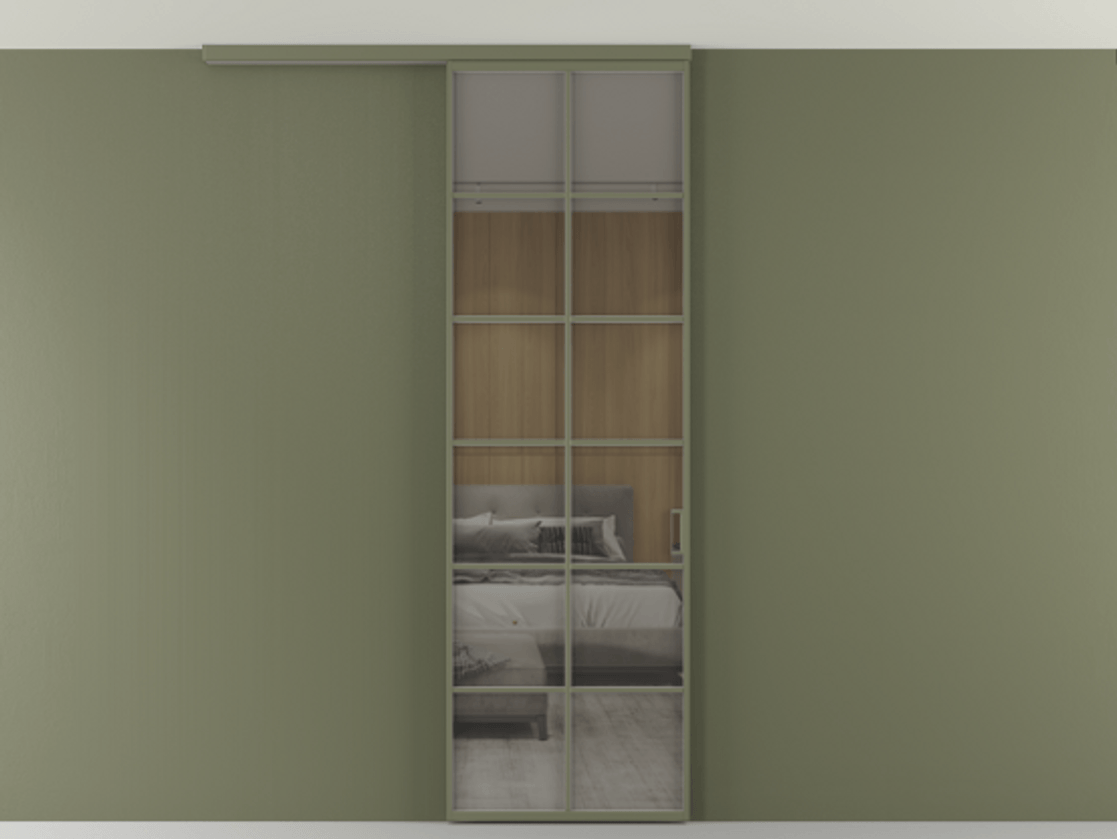 Перегородка Формато вдоль стены на потолок 1 створка АЛПР 040.05 Алюминий оливковый тёмный Рефлективное серое стекло "Стопсол", калёное Цена 114252 ₽ | Volhovec