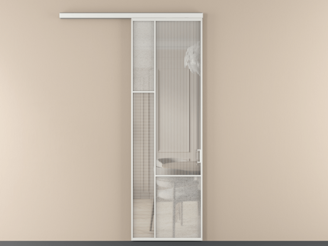 Перегородка Mosaic вдоль стены 1 створка АЛПР 041.13 Алюминий белоснежный Рифлёное стекло "Дюна", триплекс, 6 мм + Фактурное стекло "Лёд", триплекс Цена 145030 ₽ | Volhovec