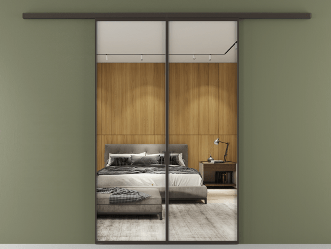 Перегородка Formato вдоль стены 2 створки АЛПР 040.01 Алюминий антрацит Двустороннее зеркало, триплекс , триплекс 6 мм Цена 222200 ₽ | Volhovec