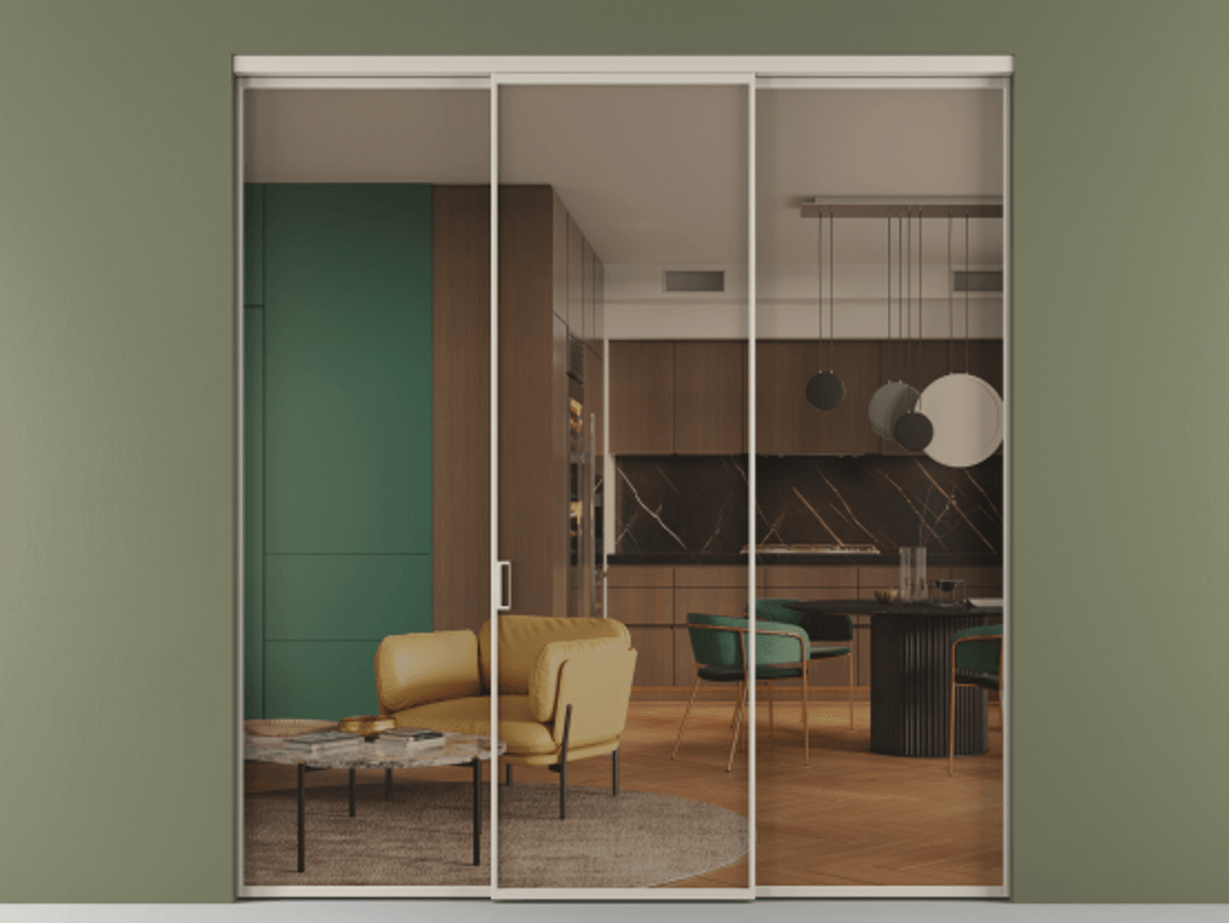 Перегородка Formato внутри проёма 3 створки АЛПР 040.01 Алюминий светло-бежевый Прозрачное бронзовое стекло, триплекс Цена 225125 ₽ | Volhovec