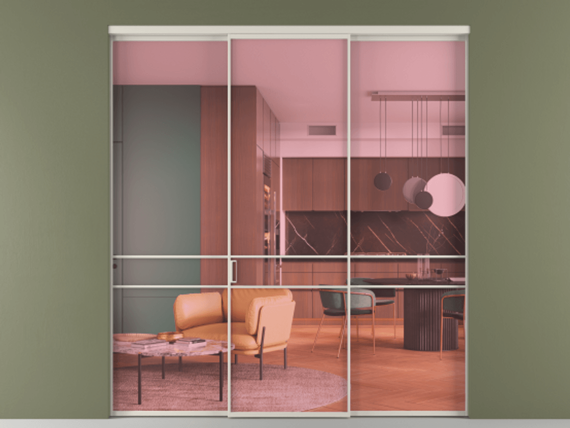 Перегородка Formato внутри проёма 3 створки АЛПР 040.02 Алюминий облачно-серый Прозрачное розовое стекло, триплекс Цена 237275 ₽ | Volhovec