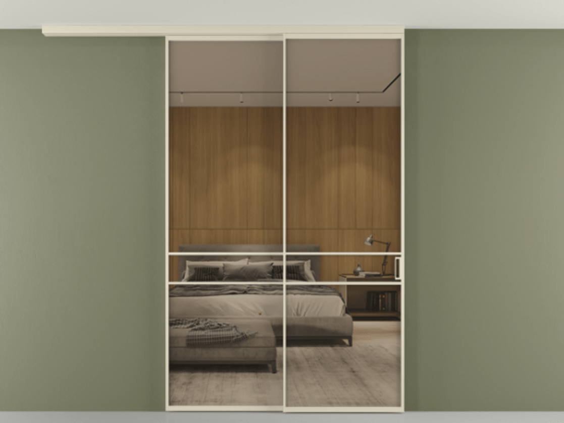 Перегородка Формато вдоль стены на потолок 2 створки с синхронным механизмом АЛПР 040.02 Алюминий бежево-серый Рефлективное бронзовое стекло "Стопсол", калёное Цена 327020 ₽ | Volhovec