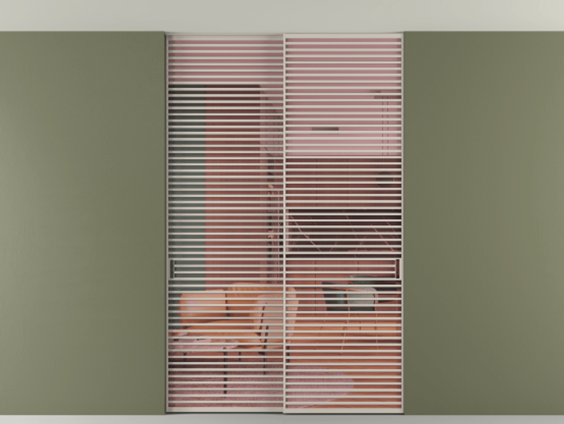 Перегородка Formato внутри проёма скрытое крепление в потолок 2 створки АЛПР 040.07 Алюминий светло-бежевый Прозрачное розовое стекло, триплекс Цена 409915 ₽ | Volhovec