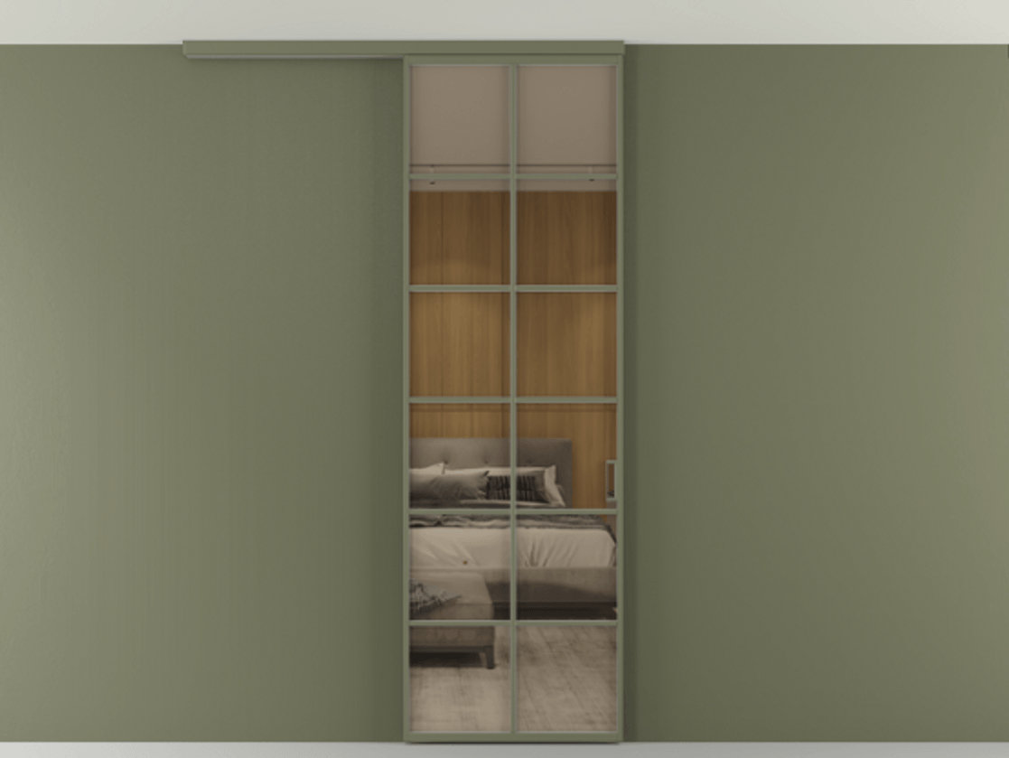 Перегородка Формато вдоль стены на потолок 1 створка АЛПР 040.05 Алюминий оливковый тёмный Рефлективное бронзовое стекло "Стопсол", калёное Цена 134090 ₽ | Volhovec