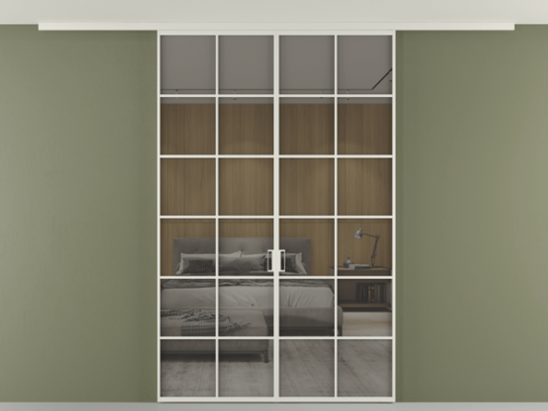 Перегородка Формато вдоль стены на потолок 2 створки АЛПР 040.05 Алюминий Белый Рефлективное серое стекло "Стопсол", калёное Цена 251180 ₽ | Volhovec