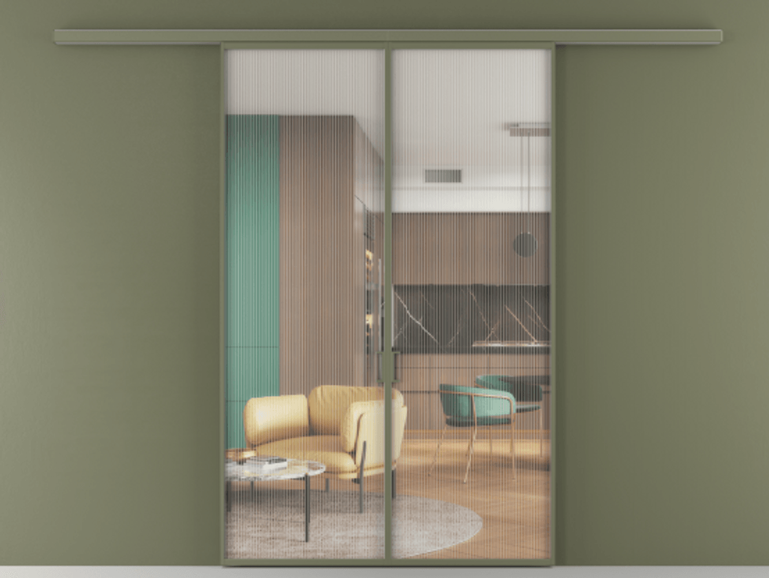 Перегородка Formato вдоль стены 2 створки АЛПР 040.01 Алюминий оливковый тёмный Рифлёное стекло "Moru", триплекс Цена 238200 ₽ | Volhovec