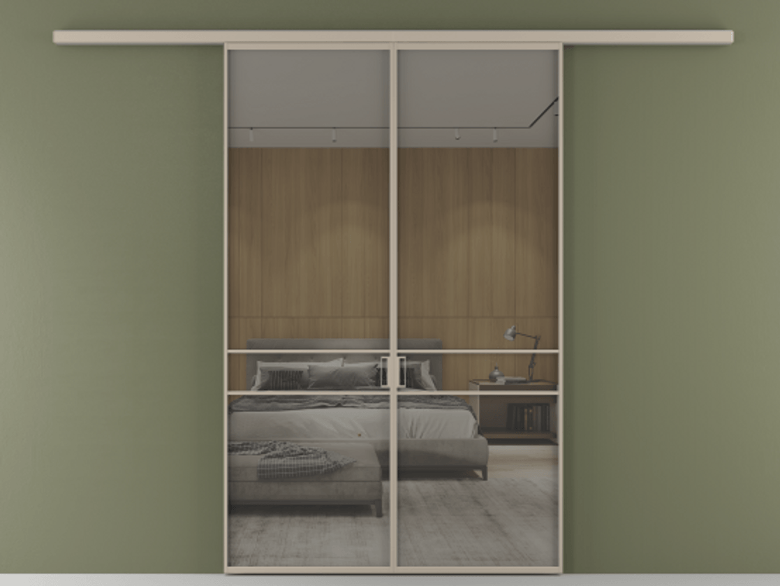 Перегородка Формато вдоль стены 2 створки АЛПР 040.02 Алюминий бисквитный Рефлективное серое стекло "Стопсол", калёное Цена 249000 ₽ | Volhovec