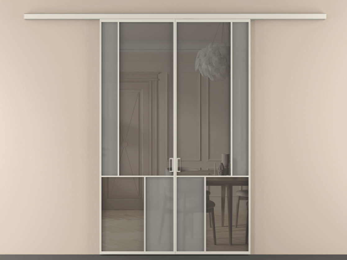 Перегородка Мозаик вдоль стены 2 створки АЛПР 041.21 Алюминий облачно-серый Сатинированное серое стекло, триплекс, 6 мм + Прозрачное серое стекло, триплекс Цена 264860 ₽ | Volhovec