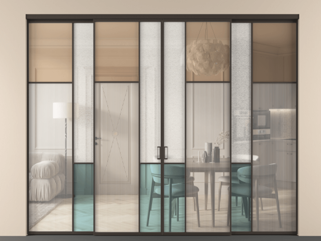 Перегородка Мозаик внутри проёма 4 створки АЛПР 041.11 Алюминий антрацит Комбинация стекол Группы 1 и Группы 3 Цена 484920 ₽ | Volhovec