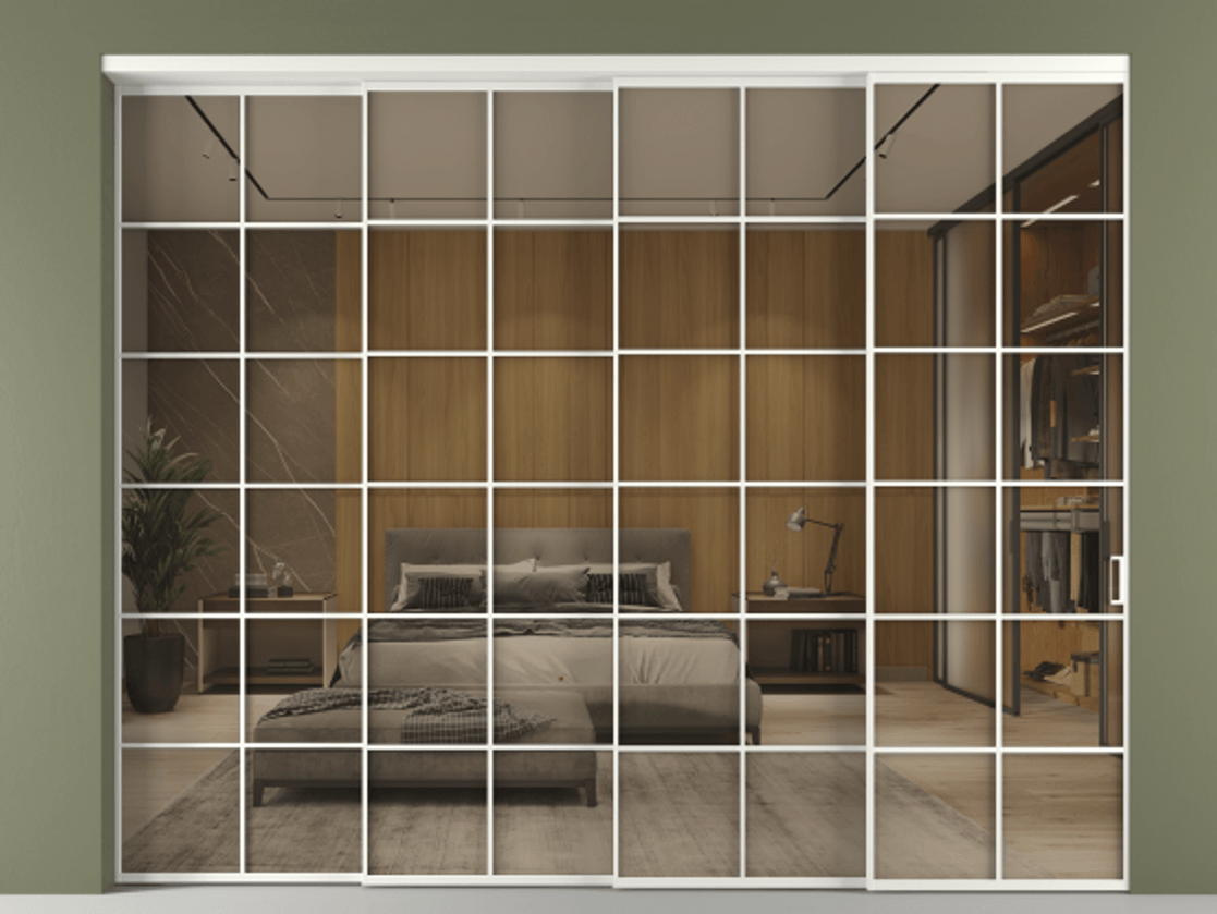 Перегородка Формато внутри проёма 4 створки с синхронным механизмом АЛПР 040.05 Алюминий светло-серый Рефлективное бронзовое стекло "Стопсол", калёное Цена 514280 ₽ | Volhovec