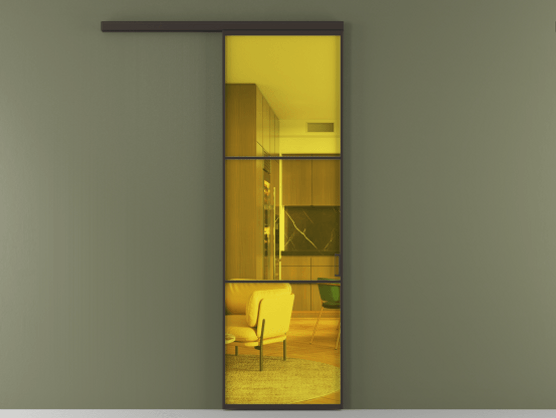 Перегородка Формато вдоль стены 1 створка АЛПР 040.03 Алюминий антрацит Прозрачное жёлтое стекло, триплекс Цена 106080 ₽  | Volhovec