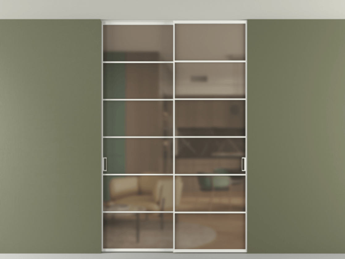 Перегородка Формато внутри проёма скрытое крепление в потолок 2 створки АЛПР 040.04 Алюминий светло-серый Сатинированное бронзовое стекло, триплекс Цена 261085 ₽ | Volhovec