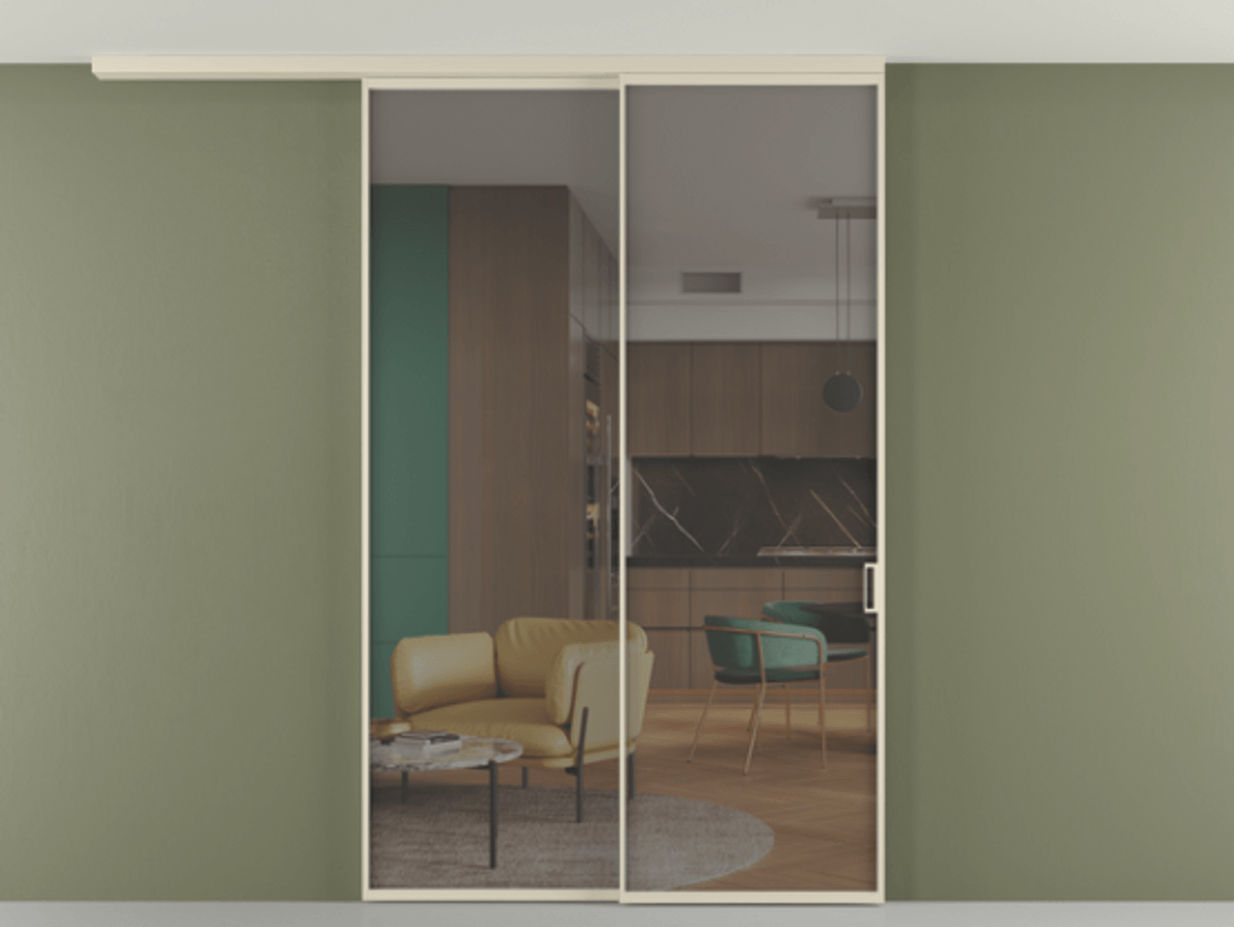 Перегородка Формато вдоль стены на потолок 2 створки с синхронным механизмом АЛПР 040.01 Алюминий бежево-серый Прозрачное серое стекло, триплекс Цена 299140 ₽ | Volhovec