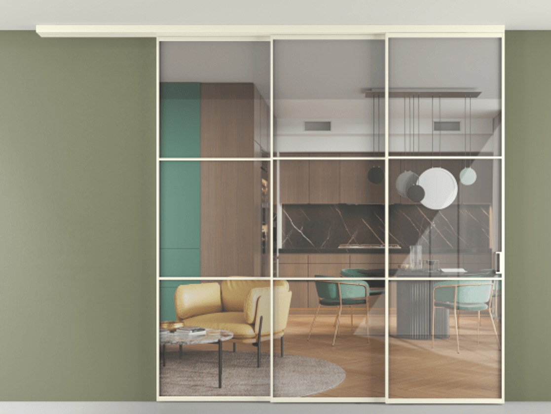 Перегородка Формато вдоль стены на потолок 3 створки с синхронным механизмом АЛПР 040.03 Алюминий молочно-белый Рефлективное прозрачное стекло "Стопсол", калёное Цена 431748 ₽ | Volhovec