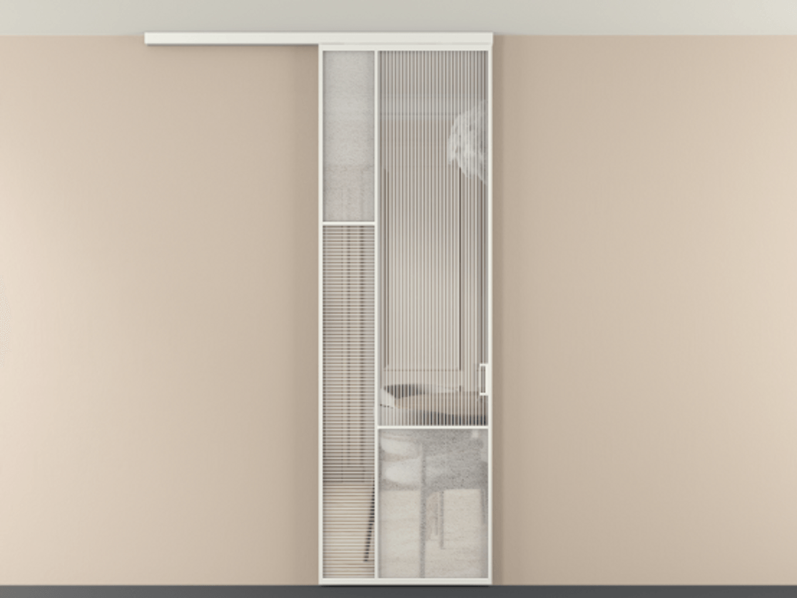 Перегородка Мозаик вдоль стены на потолок 1 створка АЛПР 041.13 Алюминий светло-серый Рифлёное стекло "Дюна", триплекс, 6 мм + Фактурное стекло "Лёд", триплекс Цена 143040 ₽ | Volhovec