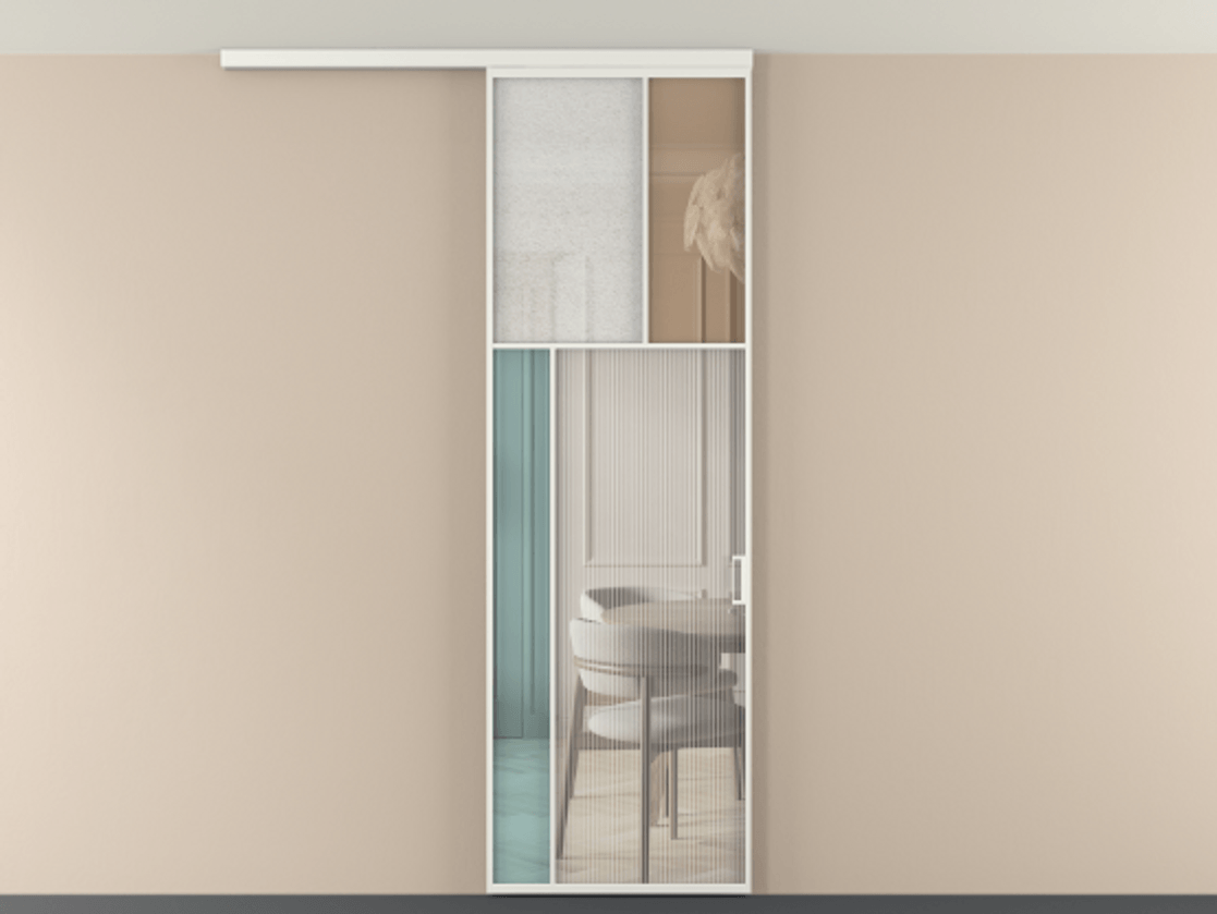 Перегородка Мозаик вдоль стены на потолок 1 створка АЛПР 041.22 Алюминий светло-серый Комбинация стекол Группы 1 и Группы 3 Цена 141040 ₽ | Volhovec