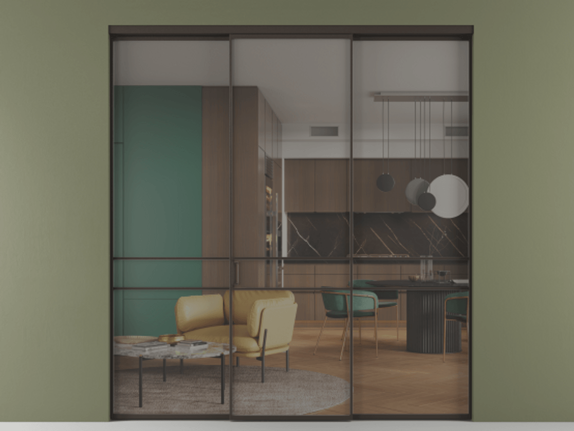 Перегородка Формато внутри проёма 3 створки АЛПР 040.02 Алюминий антрацит Рефлективное серое стекло "Стопсол", калёное Цена 317600 ₽ | Volhovec