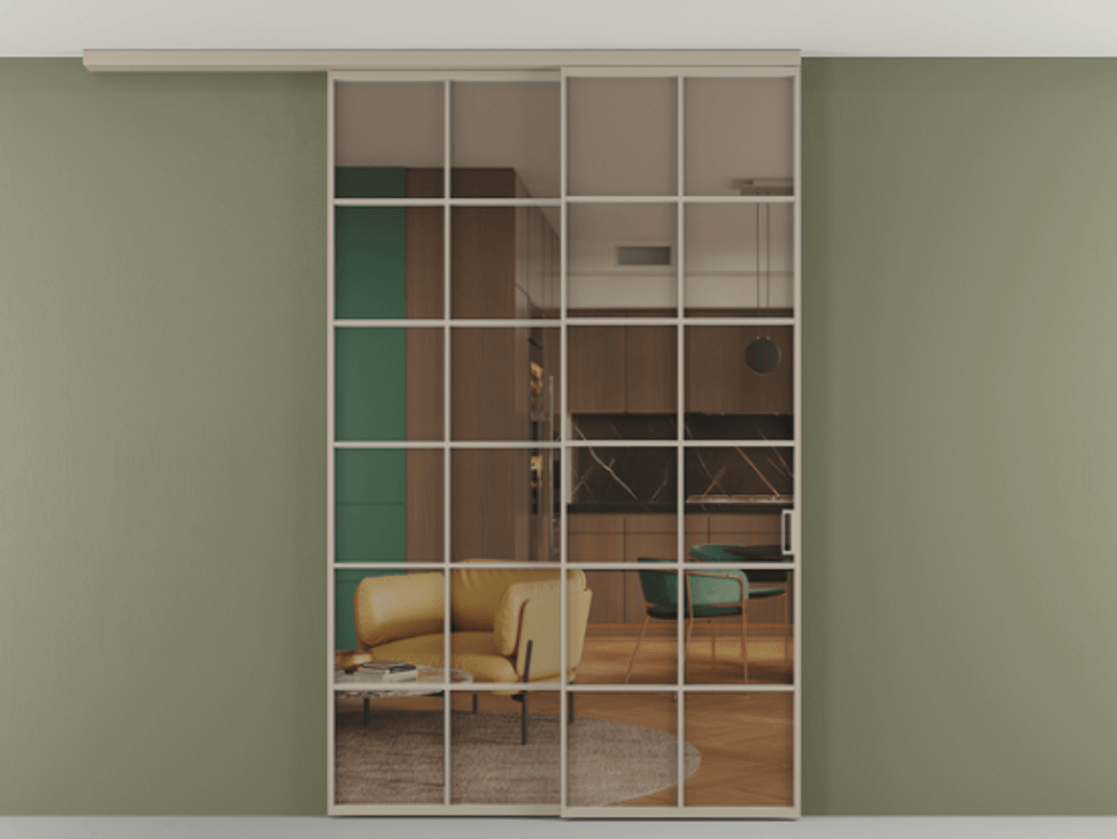 Перегородка Формато вдоль стены на потолок 2 створки с синхронным механизмом АЛПР 040.05 Алюминий бисквитный Прозрачное бронзовое стекло, триплекс Цена 291704 ₽ | Volhovec