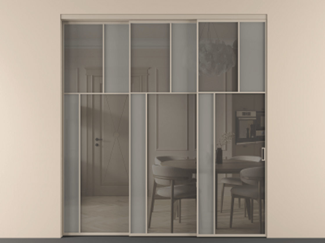 Перегородка Мозаик внутри проёма 3 створки с синхронным механизмом АЛПР 041.22 Алюминий бисквитный Сатинированное серое стекло, триплекс, 6 мм + Прозрачное серое стекло, триплекс Цена 437390 ₽ | Volhovec