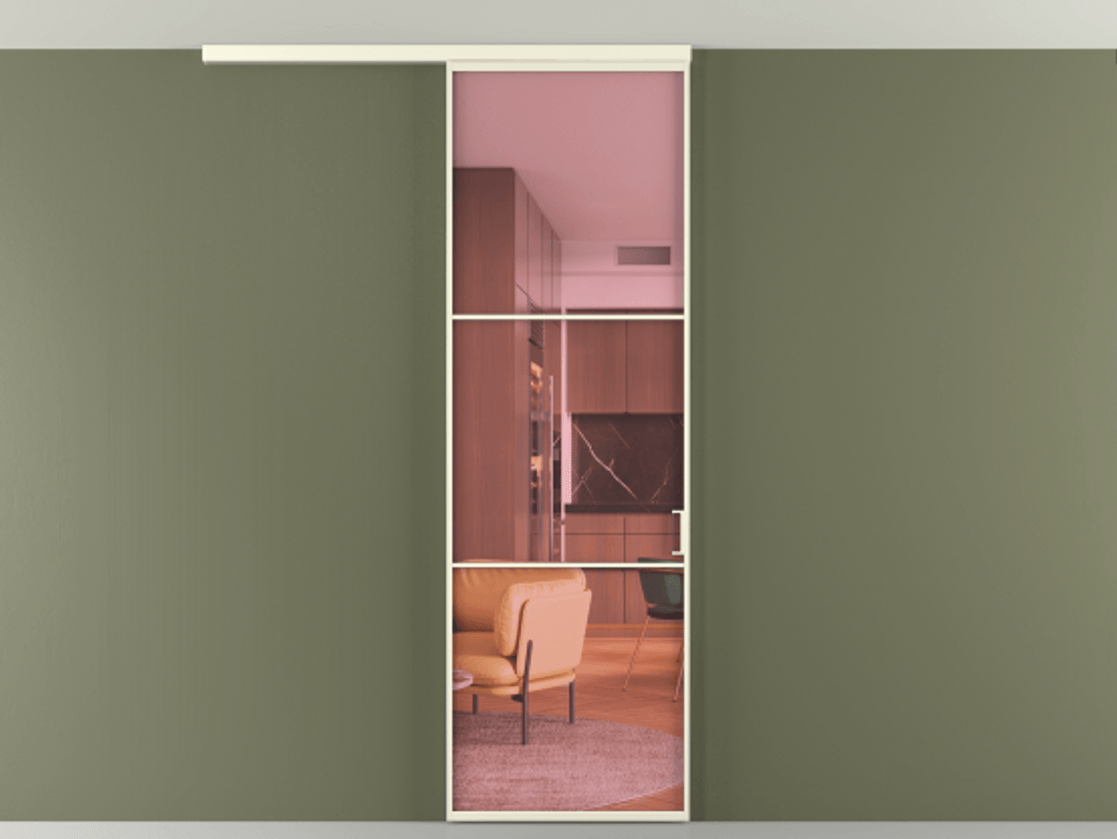 Перегородка Formato вдоль стены на потолок 1 створка АЛПР 040.03 Алюминий молочно-белый Прозрачное розовое стекло, триплекс Цена 100988 ₽ | Volhovec