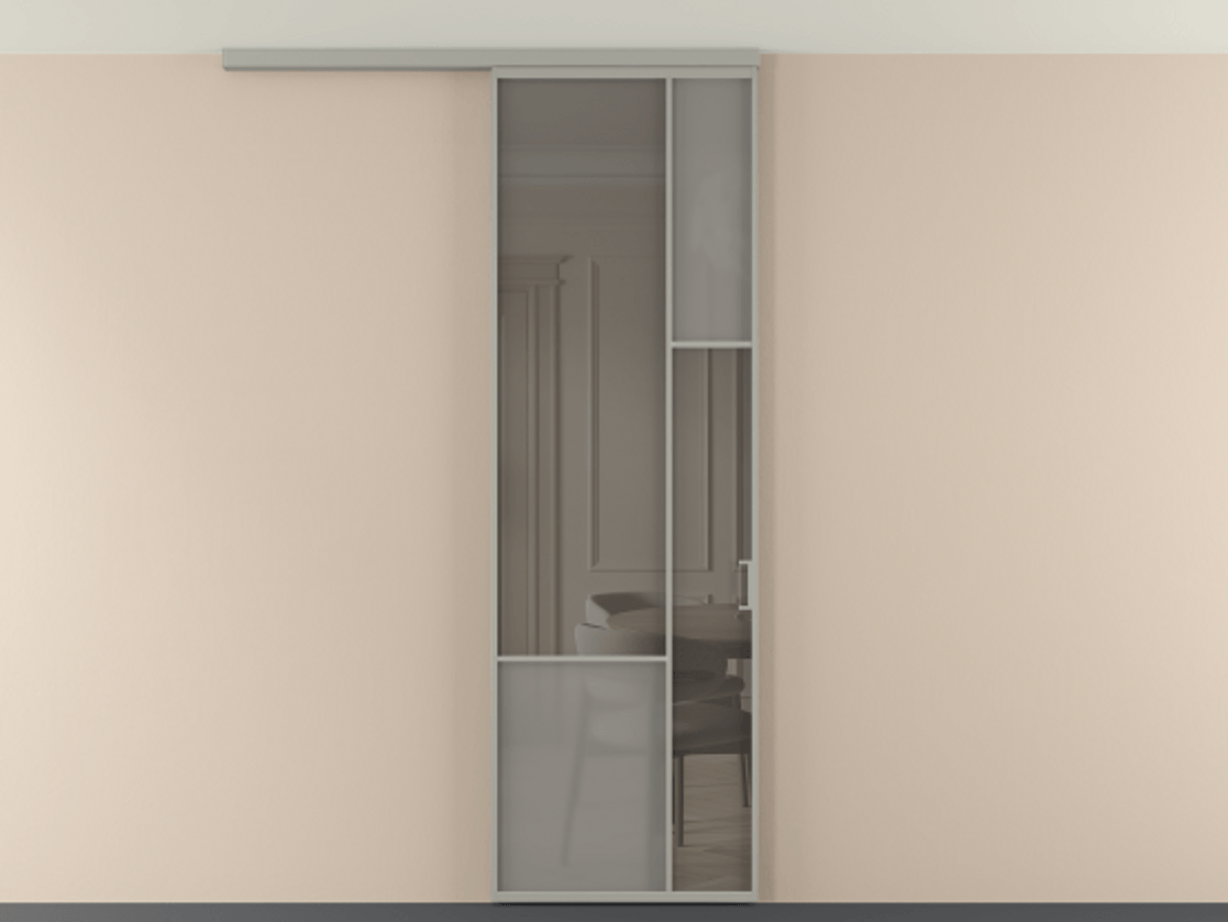 Перегородка Мозаик вдоль стены на потолок 1 створка АЛПР 041.12 Алюминий нейтральный серый Сатинированное серое стекло, триплекс, 6 мм + Прозрачное серое стекло, триплекс Цена 135040 ₽ | Volhovec