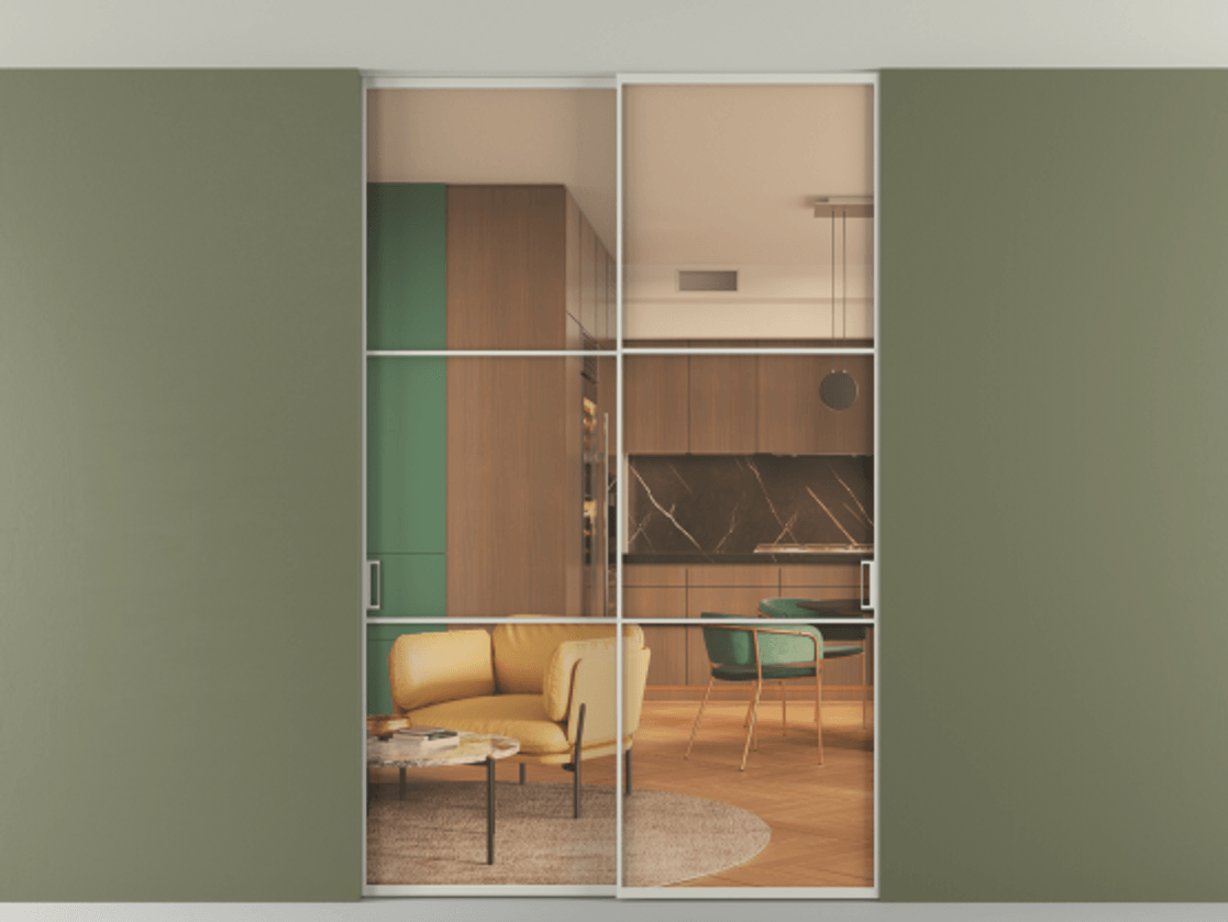 Перегородка Формато внутри проёма скрытое крепление в потолок 2 створки АЛПР 040.03 Алюминий тёплый серый Прозрачное оранжевое стекло, триплекс Цена 248215 ₽ | Volhovec