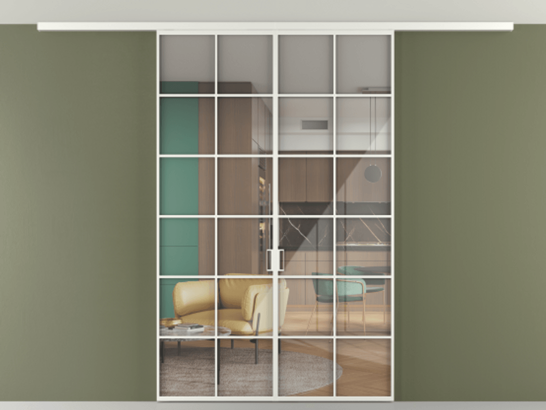 Перегородка Формато вдоль стены на потолок 2 створки АЛПР 040.05 Алюминий светло-серый Рефлективное прозрачное стекло "Стопсол", калёное Цена 261080 ₽ | Volhovec