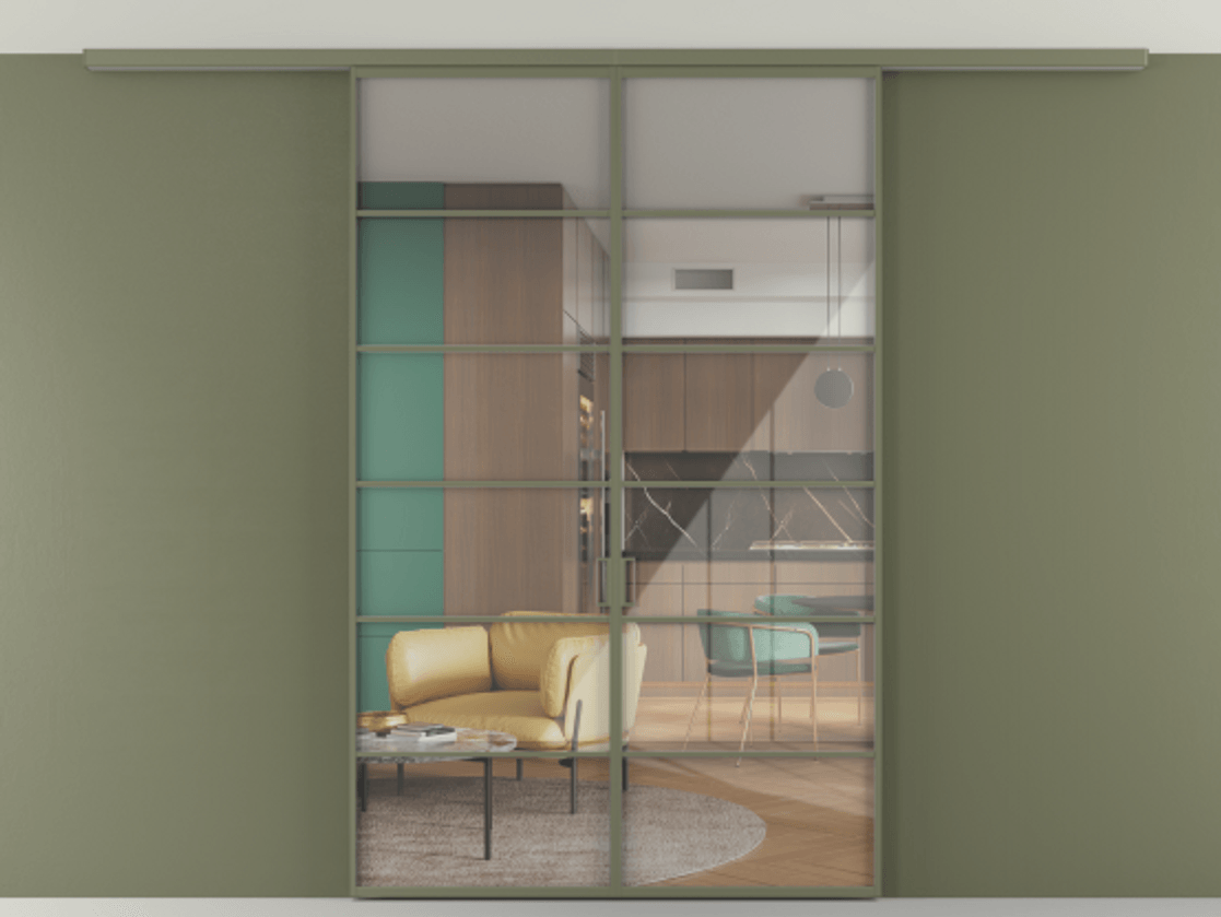 Перегородка Формато вдоль стены на потолок 2 створки АЛПР 040.04 Алюминий оливковый тёмный Рефлективное прозрачное стекло "Стопсол", калёное Цена 221404 ₽ | Volhovec