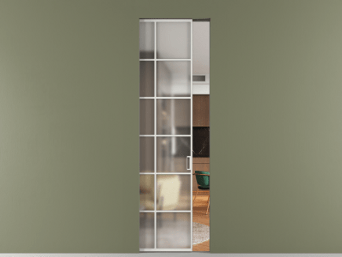 Перегородка Формато скрытый пенал 1 створка АЛПР 040.05 Алюминий светло-серый Сатинированное стекло "Мателюкс Кристал Вижн", калёное, матовое, каленое 6 мм Цена 168020 ₽ | Volhovec