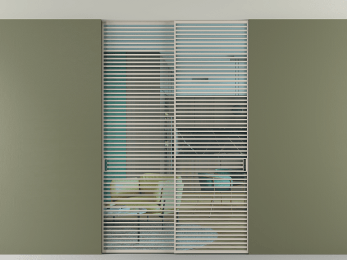 Перегородка Формато внутри проёма скрытое крепление в потолок 2 створки АЛПР 040.07 Алюминий светло-бежевый Прозрачное голубое стекло, триплекс Цена 409915 ₽ | Volhovec