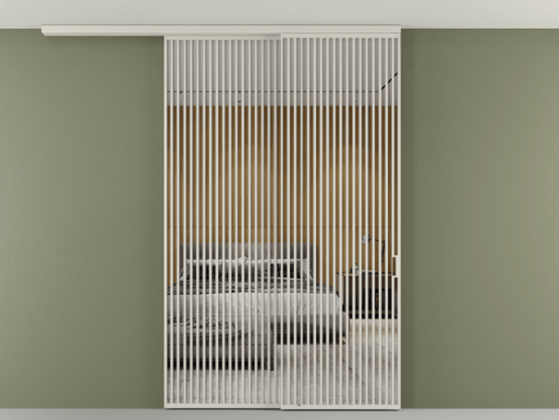 Перегородка Формато вдоль стены на потолок 2 створки с синхронным механизмом АЛПР 040.06 Алюминий облачно-серый Двустороннее зеркало, триплекс , триплекс 6 мм Цена 450456 ₽ | Volhovec