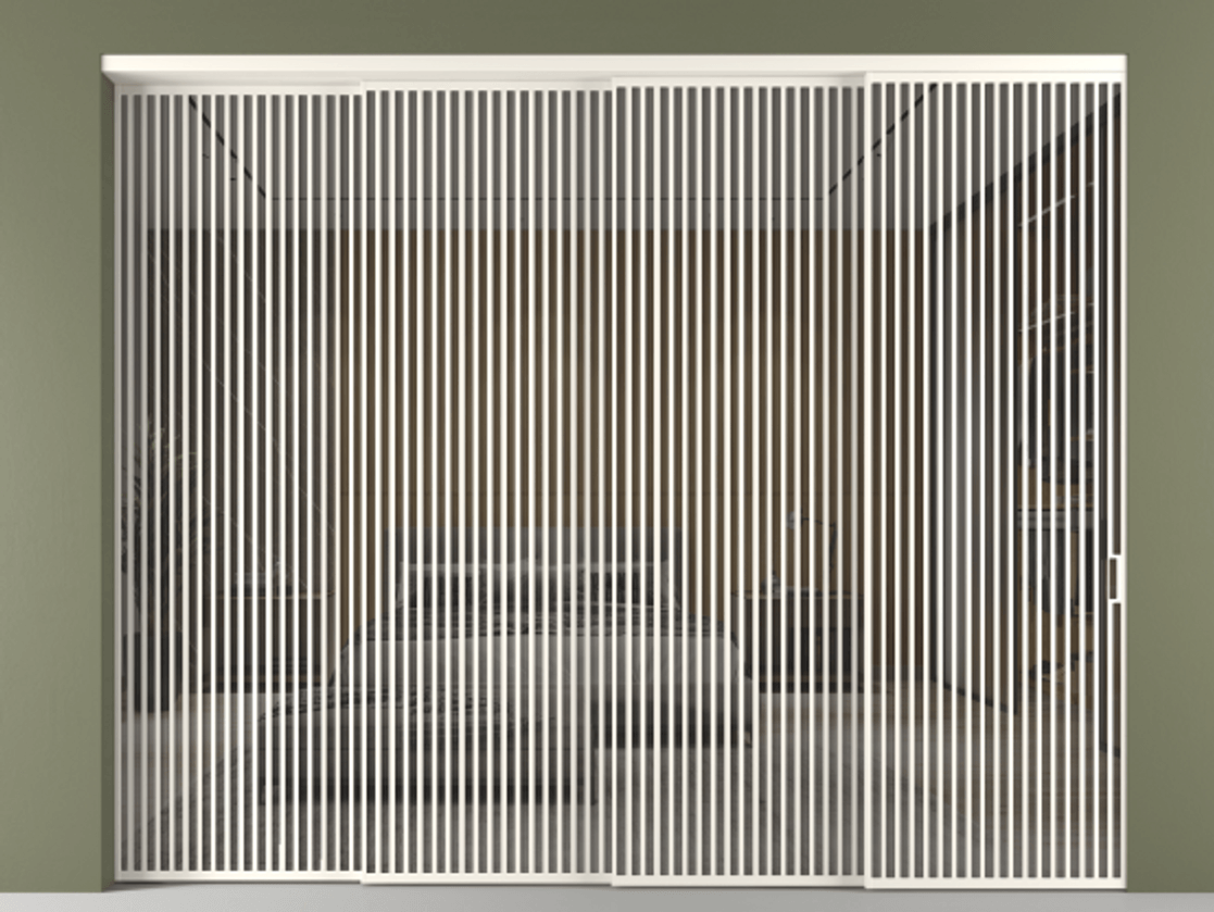 Перегородка Формато внутри проёма 4 створки с синхронным механизмом АЛПР 040.06 Алюминий пудровый белый Рефлективное серое стекло "Стопсол", калёное Цена 802920 ₽ | Volhovec