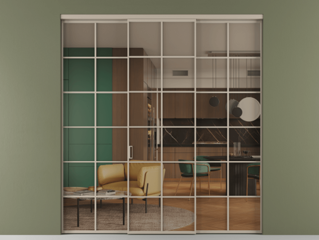 Перегородка Formato внутри проёма 3 створки АЛПР 040.05 Алюминий бисквитный Прозрачное бронзовое стекло, триплекс Цена 254825 ₽ | Volhovec