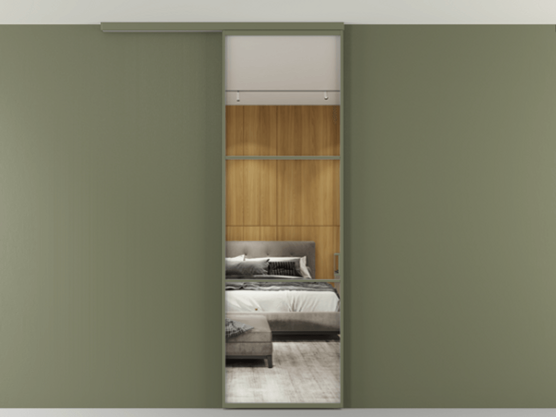 Перегородка Формато вдоль стены на потолок 1 створка АЛПР 040.03 Алюминий оливковый тёмный Двустороннее зеркало, триплекс , триплекс 6 мм Цена 100988 ₽ | Volhovec