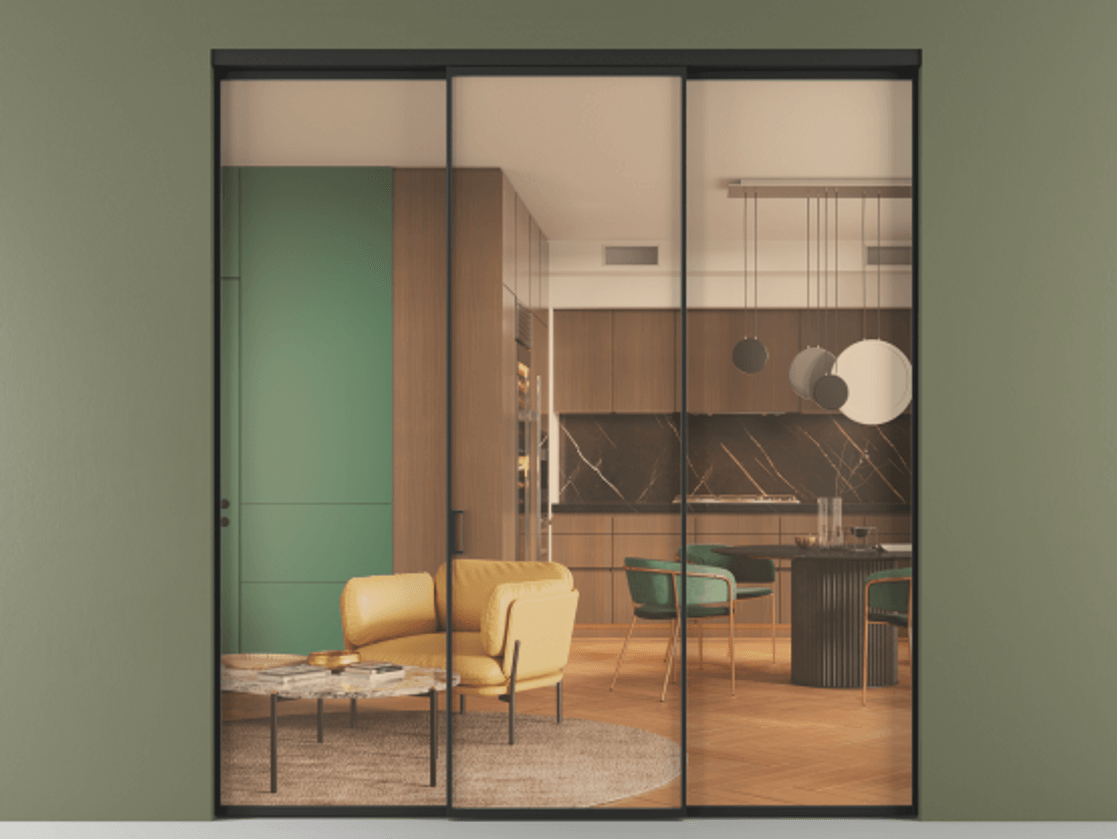 Перегородка Formato внутри проёма 3 створки АЛПР 040.01 Алюминий Черный Прозрачное оранжевое стекло, триплекс Цена 216275 ₽ | Volhovec