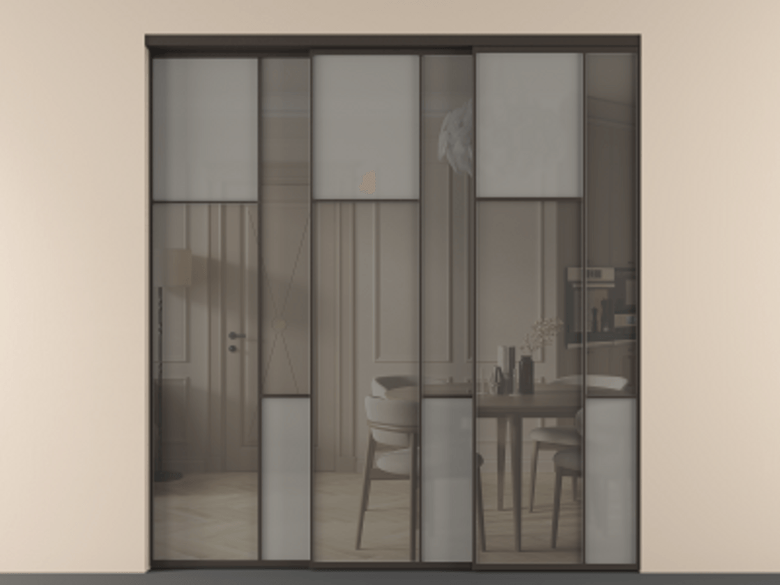 Перегородка Мозаик внутри проёма 3 створки с синхронным механизмом АЛПР 041.10 Алюминий антрацит Сатинированное серое стекло, триплекс, 6 мм + Прозрачное серое стекло, триплекс Цена 437390 ₽ | Volhovec